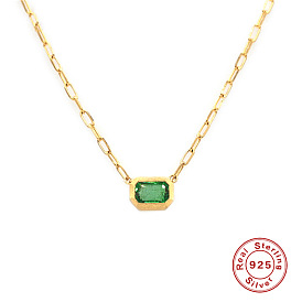 Geometric Green Zirconia Pendant Necklace with S925 Silver Clasp - Chic and Simple