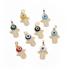 Brass Micro Pave Cubic Zirconia Pendants, with Handmade Evil Eye Lampwork, Hamsa Hand Charm, Real 18K Gold Plated