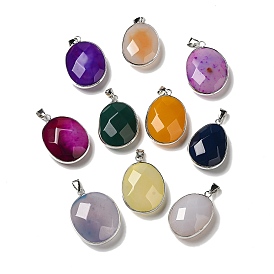 Natural Agate Dyed Pendants, Brass Oval Faceted Charms, Platinum