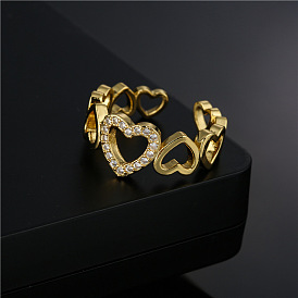 18K Gold Plated Copper Open Heart Ring for Women - Hollow Design Micro Inlaid Love Ring