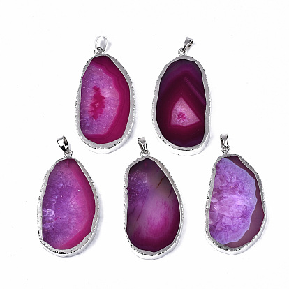 Edge Platinum Plated Natural Agate Slices Big Pendants, with Platinum Tone Iron Pinch Bail, Dyed, Teardrop