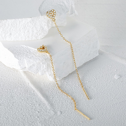 S925 Sterling Silver Hollow Heart Chain Tassel Ear Thread, with Clear Cubic Zirconia