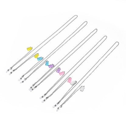 304 chaînes de lunettes en acier inoxydable, tour de cou pour lunettes, avec pendentifs en résine ours et extrémités en caoutchouc, couleur inox