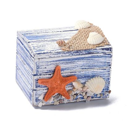 Wood Box, Flip Cover Box, with Resin Starfish, Rectangle