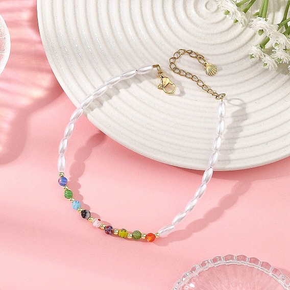 Round Handmade Millefiori Glass and Rice Imitation Pearl Acrylic Beaded Anklets for Women, Colorful