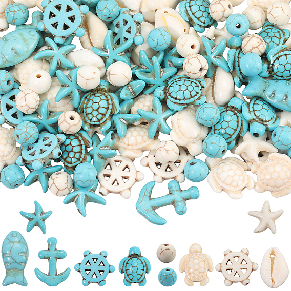 Наборы для самостоятельного изготовления украшений на морскую тематику, включая окрашенную синтетическую бирюзу, бусины из говлита и магнезита, ссылки оболочки каури