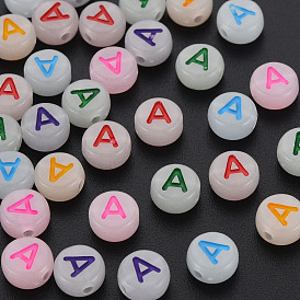 Perles acryliques, brillent dans le noir, avec émail et lumineux, trou horizontal, rond et plat avec alphabet