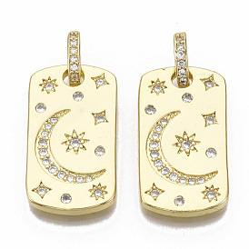 Brass Micro Pave Cubic Zirconia Pendants, with Jump Rings, Nickel Free, Oval with Moon & Star, Clear