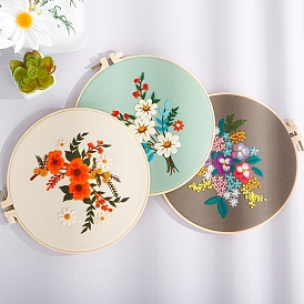 DIY Flower Embroidery Kits, Including Printed Cotton Fabric, Embroidery Thread & Needles, Plastic Embroidery Hoops