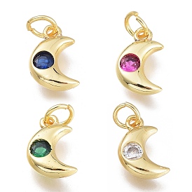 Brass Micro Pave Cubic Zirconia Charms, with Jump Ring, Moon, Golden
