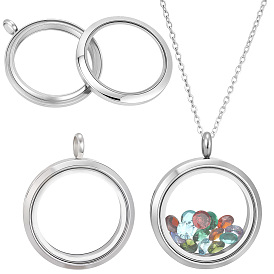 Stainless Steel Locket Pendants, Flat Round Double Sides with Glass Charms, DIY Accessories for Jewelry Pendant Making