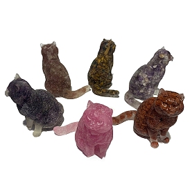 Resin Cat Display Decoration, with Gemstone Chips inside Statues for Home Office Decorations