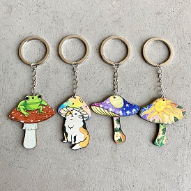 Colorful Natural Wood Mushroom Keychains, with Alloy Clasps