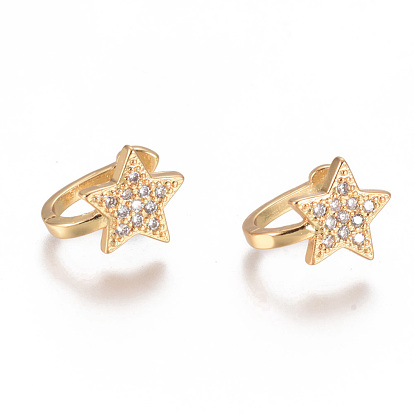 Golden Plated Brass Micro Pave Cubic Zirconia Cuff Earrings, Long-Lasting Plated, Star