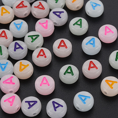 Acrylic Beads, Glow in the Dark, with Enamel and Luminous, Horizontal Hole, Flat Round with Alphabet