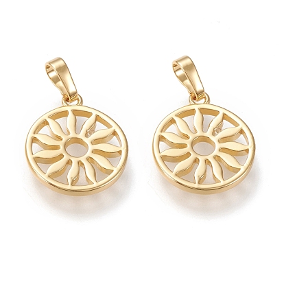 Brass Pendants, Long-lasting Plated, Flat Round with Flower
