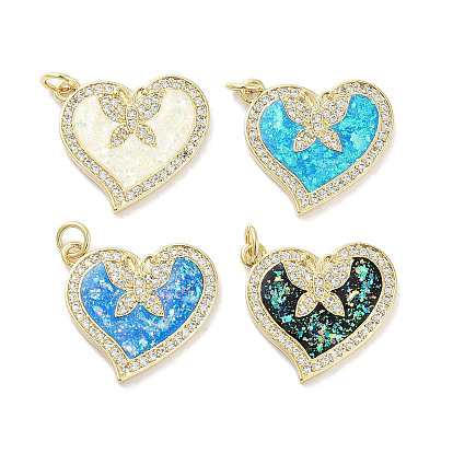 Brass Micro Pave Clear Cubic Zirconia Pendants, Cadmium Free & Lead Free, with Synthetic Opal and Jump Rings, Real 18K Gold Plated, Heart with Butterfly Charms