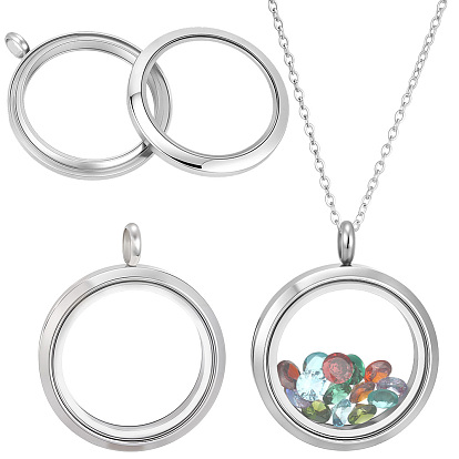 Stainless Steel Locket Pendants, Flat Round Double Sides with Glass Charms, DIY Accessories for Jewelry Pendant Making