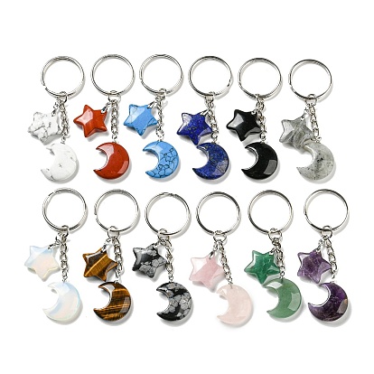 Reiki Natural & Synthetic Mixed Gemstone Moon & Star Pendant Keychains, with Iron Keychain Rings
