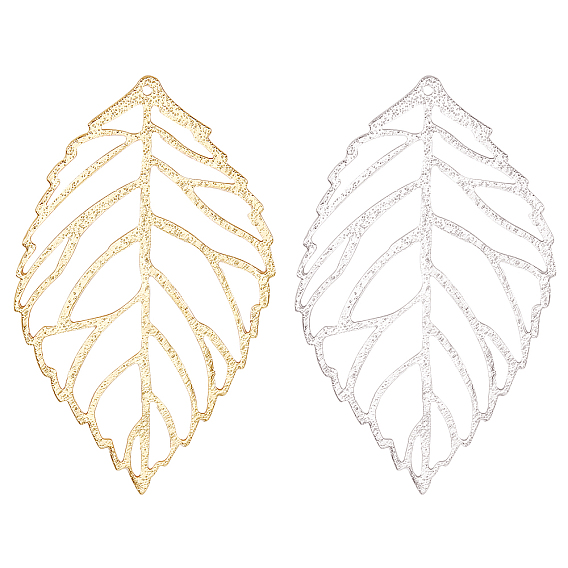 12Pcs 2 Colors Brass Big Pendants, Lead Free & Cadmium Free & Nickel Free, Leaf