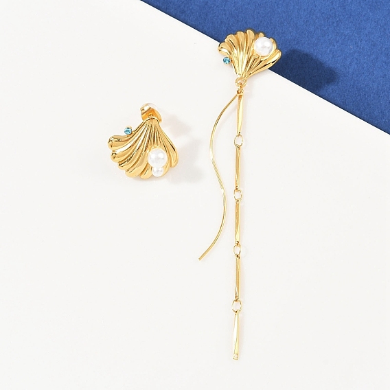 304 серьги-гвоздики в форме ракушки из нержавеющей стали со стразами, с пластиковой имитационной жемчужиной