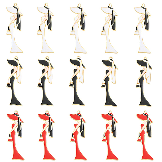15Pcs 3 Colors Alloy Enamel Big Pendants, Women Charms, Rack Plating, Long-Lasting Plated, Golden
