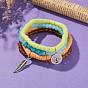 4Pcs Stretch Bracelets, with Polymer Clay Heishi Beads, Glass Beads, Synthetic Turquoise Beads and Alloy Pendants, Feather & Flat Round with Tree of Life, Antique Silver