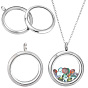 Stainless Steel Locket Pendants, Flat Round Double Sides with Glass Charms, DIY Accessories for Jewelry Pendant Making