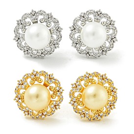 Brass Micro Pave Clear Cubic Zirconia Stud Earrings, with Plastic Beads, Flower