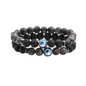 Yin Yang Eight Trigrams Lava Stone Bracelet with Black Shimmering Beads
