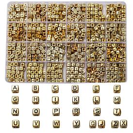 Acrylic Beads, Horizontal Hole, Metallic Plated, Cube with Letter