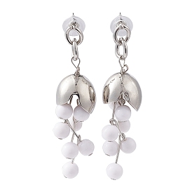 Plastic Beaded Flower Dangle Stud Earrings, Alloy Cluster Long Drop Earrings for Women
