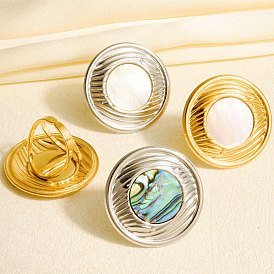 304 Открытые кольца-манжеты из нержавеющей стали с натуральными ракушками для женщин, круглые, зеркальная полировка