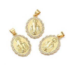 Rack Plating Brass Pave Cubic Zirconia Pendants, Lead Free & Cadmium Free, Long-Lasting Plated, Oval with Saint Pattern Charm