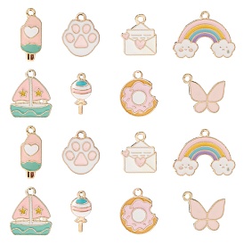 40 шт 8 стили подвески из сплава эмали, ветряная мельница/леденец/пончик/конверт/радуга, золотой свет