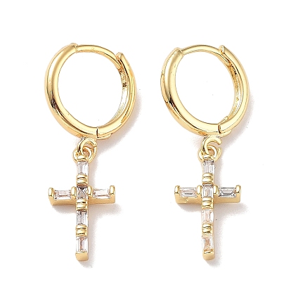 Real 18K Gold Plated Brass Dangle Hoop Earrings, with Glass, Cross
