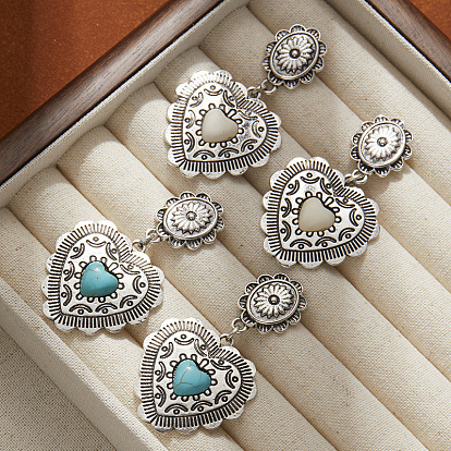 Висячие серьги-гвоздики из сплава и синтетической бирюзы, античное серебро