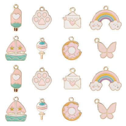 40 шт 8 стили подвески из сплава эмали, ветряная мельница/леденец/пончик/конверт/радуга, золотой свет