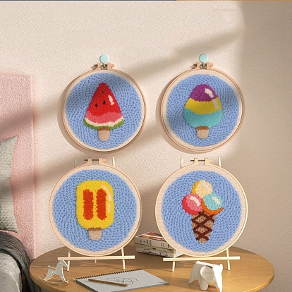 Ice Cream/Ice Lolly Pattern Punch Embroidery Beginner Kits, including Embroidery Fabric & Hoop & Yarn, Punch Needle Pen, Threader, Instruction