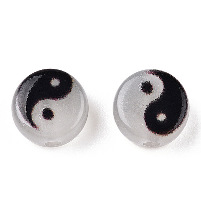 Luminous Transparent Acrylic Beads, Flat Round with Yin Yang Pattern