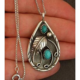Inlaid Turquoise Vintage Dyed Black Feather Pendant S925 Silver Plated Engagement Necklace