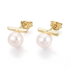 Серьги-гвоздики из латуни и натурального жемчуга, т-образный