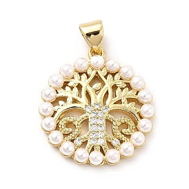 Brass Micro Pave Clear Cubic Zirconia Pendants, with ABS Plastic Imitation Pearl, Golden, Flat Round with Tree of Life Charm