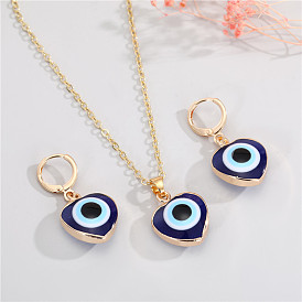 Fashion Heart Earrings and Necklace Set with Turkish Evil Eye Pendant Jewelry