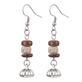 Natural Coconut Bodhi & Alloy Dangle Earrings, Antique Silver