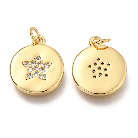 Brass Micro Pave Clear Cubic Zirconia Pendants, Flat Round with Star