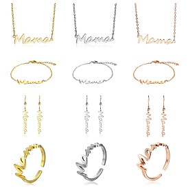 Simple Stainless Steel Mama Jewelry Set for Mother's Day: Necklace, Bracelet, Earrings, Ring