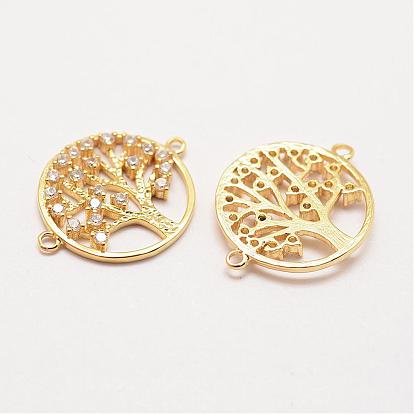 Brass Micro Pave Grade AAA Cubic Zirconia Links, Long-Lasting Plated, Tree of Life, Cadmium Free & Nickel Free & Lead Free