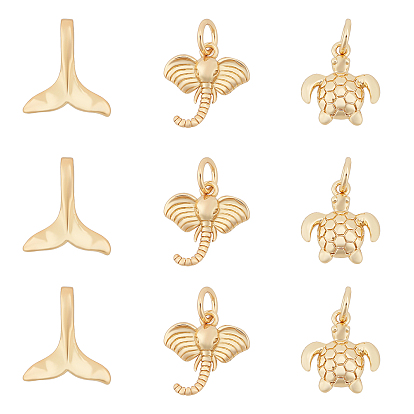18Pcs 3 Style Brass Charms, Long-Lasting Plated, Sea Turtle & Elephant & Whale Fishtail
