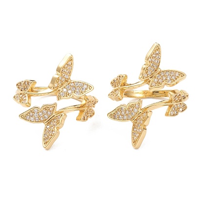 Adjustable Brass Micro Pave Clear Cubic Zirconia Cuff Rings, Open Rings, Butterfly